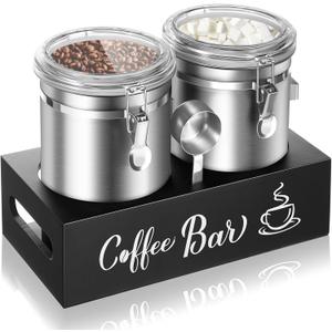 Maxcheck 2 Pcs 66 oz Coffee Canisters with Shelf 304 Stainless Steel Station Container for Ground Coffee Bean Storage with Airtight Locking Clamp and Scoop Kitchen Food Storage Jars(Silver)