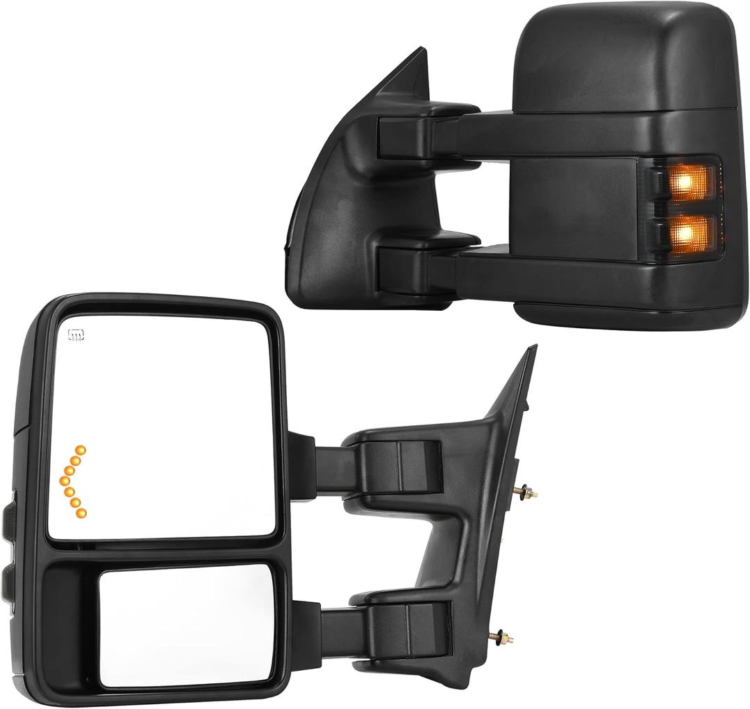 AUTOSAVER88 Towing Mirrors Compatible with 2008-2016 Ford F250 F350 F450 F550 Super Duty Mirror with Smoke Turn Signal Light Power Heated Manual Telescoping Folding Pair Black
