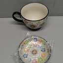 JUSONEY 18OZ Handpainted Ceramic Soup Bowls with Snack Serving Tray,with Vintage Floral Embossed Design Microwave Safe, Large Handle & Thick Base, Perfect for Cereals, Fruits,Soup,nut,Snack etc.(B)