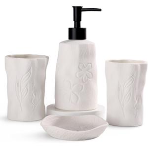 INGOFIN Bathroom Accessories Set 4 PCS, White Embossed Design for Home and Hotel, Farmhouse Decor, Contain Toothbrush Cup Soap Dispenser & Dish Tumbler White