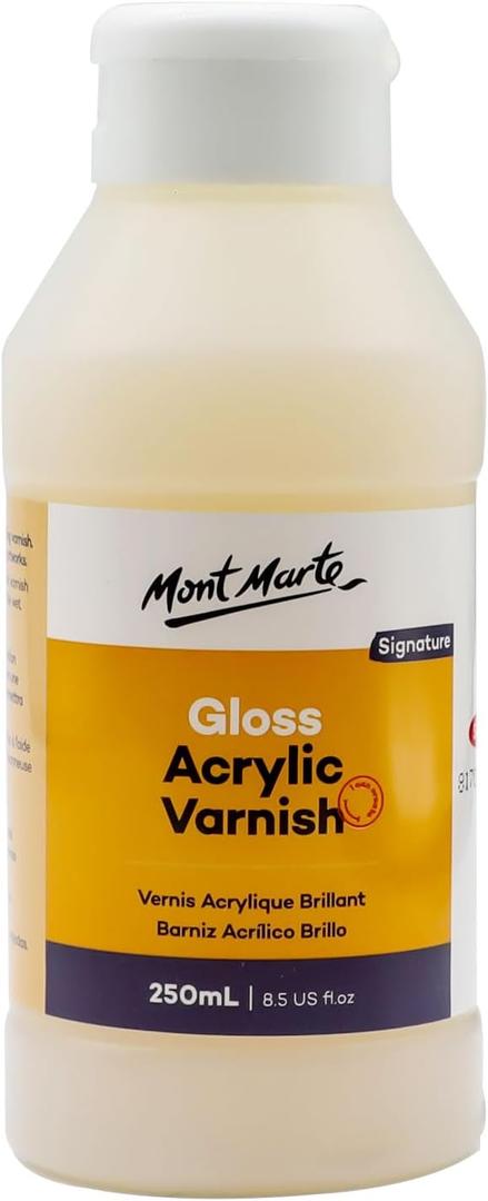 Mont Marte Gloss Acrylic Varnish Signature 250ml (8.5 US fl. oz), Seals and Protects Artworks from Dust, Light, Archival Finishing, Dries Clear