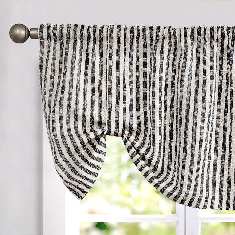 jinchan Tie Up Linen Textured Striped Tie Curtain for Kitchen Bathroom Rod Pocket Pinstripe Valance Window Treatments Ticking Stripe Pull Cord 1 Panel 18 Inch Charcoal Grey on Linen