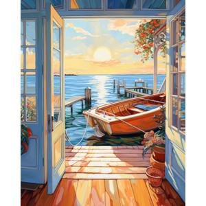 2 x Door Landscape Seaside Paint by Numbers Kits 16x20 inch Canvas DIY Oil Painting for Kids, Students, Adults Beginner with Brushes and Acrylic Pigment - Boat Scenery Sun Landscape (without Frame)