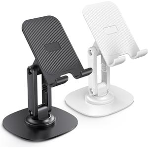 OMOTON Cell Phone Stand for Desk, 2 Pack Adjustable Foldable Phone Holder, 360 Swivel Mobile Stand Fit for iPhone 16 15 14 13 12 Pro Max and All Smart Phones, Black & White