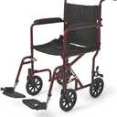 Medline Basic Aluminum Transport Chair with 19" Wide Seat, Full-Length Armrests, Detachable Footrests, 8" Wheels, 300 lb Weight Capacity, Red