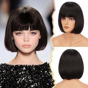 BARSDAR Short Bob Wig with Bangs - 12 Inch Dark Brown Chin-Length Short Bob Bangs Wig for Women - Natural Looking Synthetic Hair Replacement Wigs Mathilda Costume Party Bob Wigs