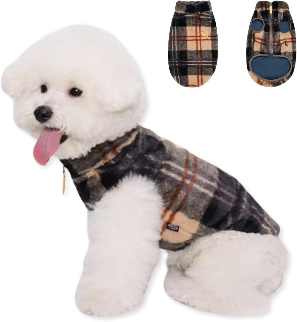 Small Dog Fleece Plaid Coat, Soft Comfortable Sweaters Winter Jacket Warm Vest Clothes for Puppy Chihuahua Poodle Yorkie Pomeranian (Coffee&Red, M)