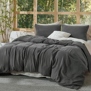 Bedsure Muslin Duvet Cover Queen Size - Cotton Blend Viscose Derived from Bamboo, Cooling Duvet Cover, PureWoven Ultra-Soft & Breathable Bedding Set for All Seasons (Dark Grey, 90"x90")