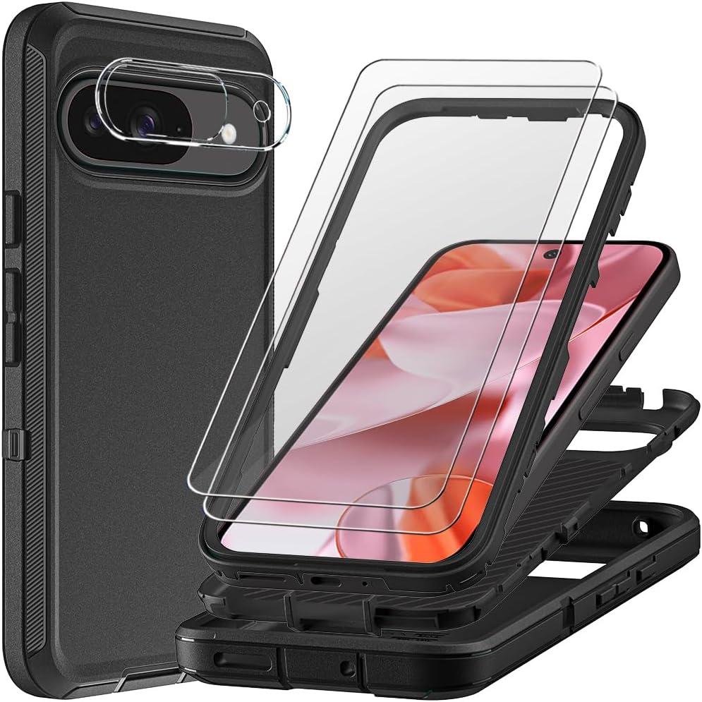for Google Pixel 9 Case with 2Pcs Tempered Glass Screen Protector and 1Pcs Camera Lens Protector, Military Grade 3 in 1 Heavy Duty Shockproof/Drop Proof/Dust Proof Case (Black/Black)