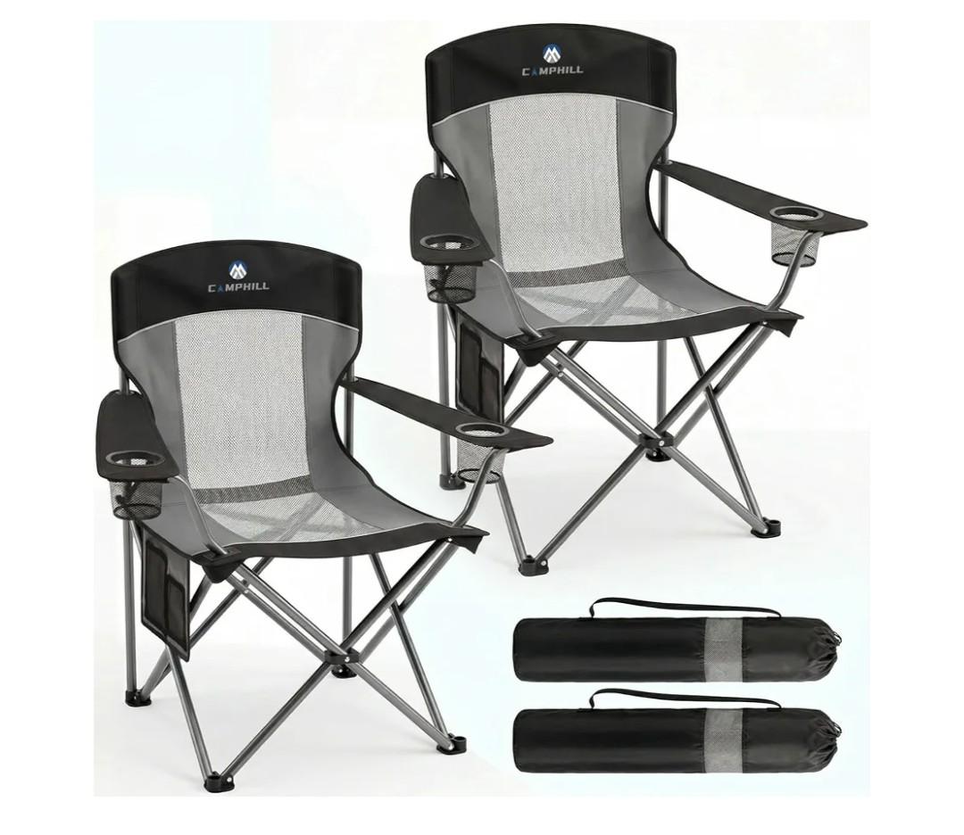 2 Pack Camping Chairs for Adults,Oversized Mesh Back Lawn Chair with Cup Holder, Side Pocket&Bag for Outdoor,Beach,Picnic,Fishing,and Sports,Breathable,Heavy Duty,Black