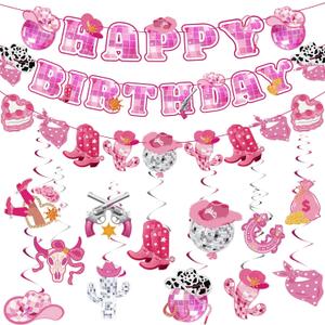 Disco Cowgirl Birthday Party Decorations, Pre-strung Happy Birthday Banners and 12 Hanging Swirls, Western Disco Theme Party Supplies for Girls, Teens, or Adults (Pink)