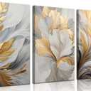 3Pcs Modern Abstract Golden White Leaves Canvas Wall Art Neutral Botanical Wall Decor Pictures Luxury Posters Prints for Living Room Bedroom Office Home Decorations, 12x16in