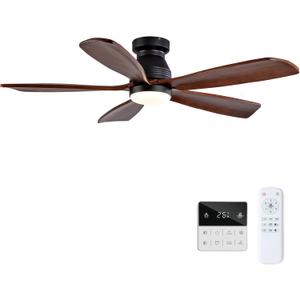 48 Inch Flush Mount Ceiling Fans with Lights and Remote, Dimmable, 5 Blades, Wood Ceiling Fan with Light, Low Profile Outdoor Indoor Modern Ceiling Fan for Living Room Bedroom Patio