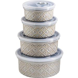 Ceramic Mixing Bowls with Lids Set of 4, Embossed Nesting Storage Bowls for Cooking, Serving, Salad, Popcorn etc, Microwave and Dishwasher Safe, Baking Dishes 12/16/28/40 oz (Gray)