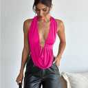 QJQ Women's Sexy Backless Open Back Tops Halter Deep V Neck Sleeveless Vest Tank Tops Going Out Party Clubwear (Pink, XS)