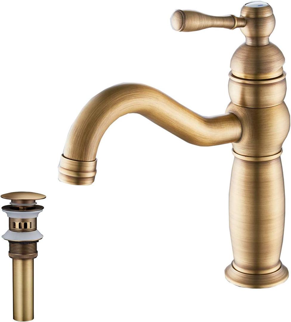 Bathroom Vanity Faucet GGStudy Single Handle One Hole Bathroom Sink Faucet Basin Mixer Tap Antique Brass Supply Hose Include