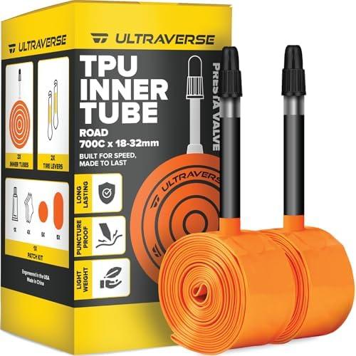 Ultraverse TPU Road Bike Inner Tube 700 x 18-32 with 65mm Presta Valves Ultra Lightweight Tubes for Road and Gravel Bicycles - 2 Pack with Repair Patch Kit