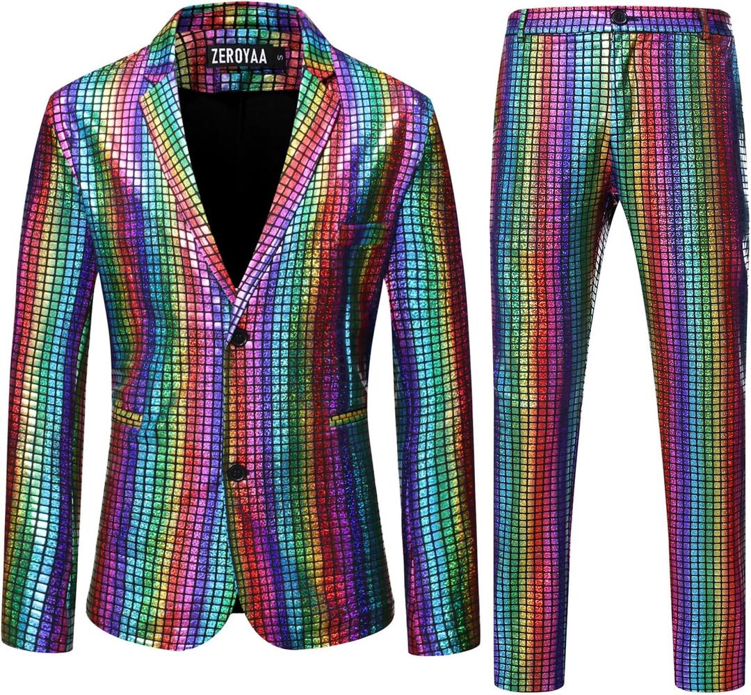 ZEROYAA Men's Metallic Shiny Suits Disco Sequin Blazer and Pants 2 Piece Sets for Party Prom (Small, Multicolor)