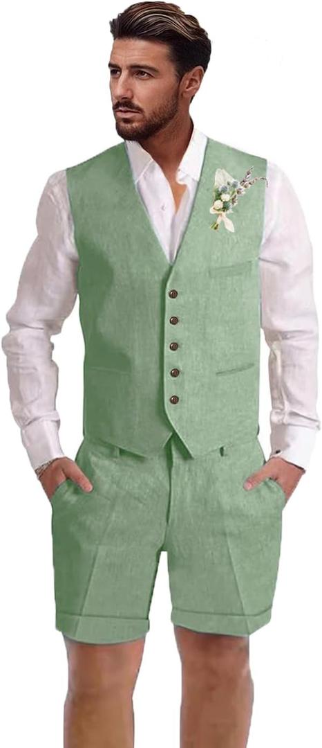 Mens Linen Suit 2 Piece Short Suits for Men Casual Summer Beach Wedding Suit Linen Vest Shorts Set (Green, L)
