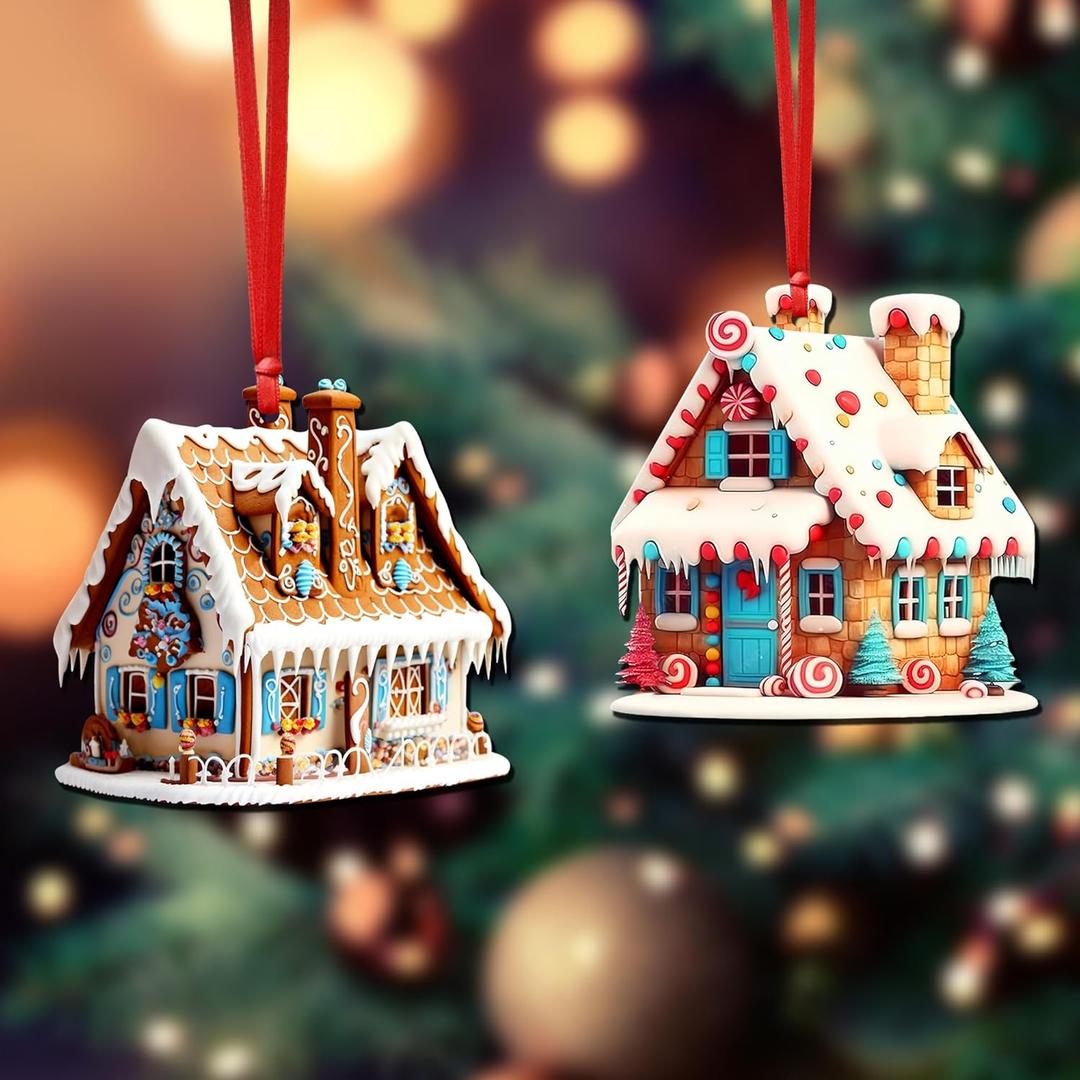 2 Pieces Gingerbread House Ornaments Christmas Tree Hanging Ornament Gingerbread Hanging Ornaments Decorations for Xmas Holiday Set A