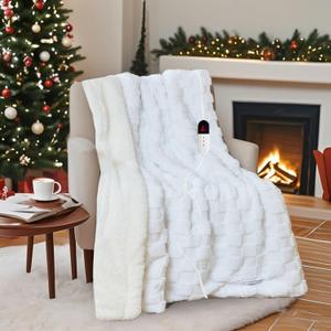 Electric Blanket Throw - Soft Checked Flannel with 6 Heating Levels, 4 Hours Auto-Off, Fast Heating, ETL & FCC Certified, 50"x60", Overheating Protection, Cozy Heated Blanket Throw White