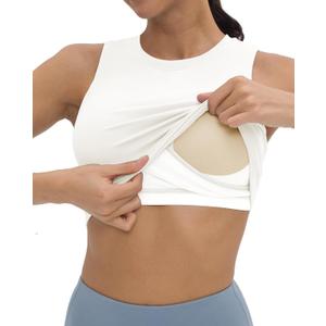 V VOCNI Nursing Tank Tops for Breastfeeding Crew Neck Sleeveless Maternity Tank Tops Sports Bras Workout Pregnancy Crop Tops (Large, White)