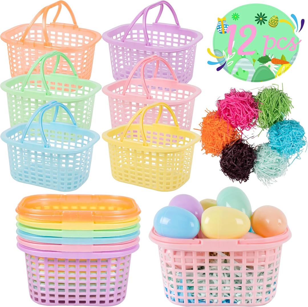12PCS Small Easter Baskets with Handles Bulk, 12PCS Mini Plastic Eggs and 6Packs Faux Grass Confetti Strips Accessories Filler Stuffers for Spring Decorations Egg Hunt Party Supplies Favors