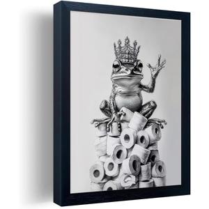 Framed Bathroom Decor Wall Art Wear Crown Frog Toilet Paper Pile - Playful Bathroom wall decor Animal Art black and white canvas wall art print can be hung directly - Frame, 8 "x 10"