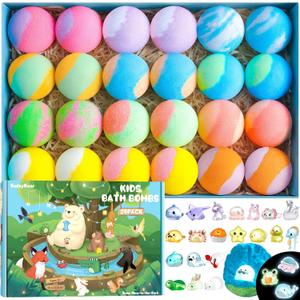 Bath Bombs for Kids with Surprise Inside  24 Pack Handmade Bath Bombs with Glow-in-the-Dark Land & Sea Toys, Fizzy Bath Salt Balls, Birthday Party Favors for Boys and Girls