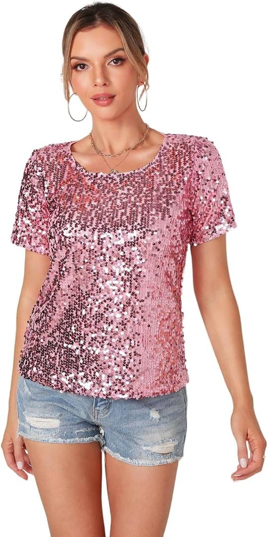 Women's Full Sequin Sparkle Tops Shimmer Glitter Round Neck Short Sleeve Shirt Summer Disco Party Tee Shirts Tunic Blouse (X-Large, Light Pink)