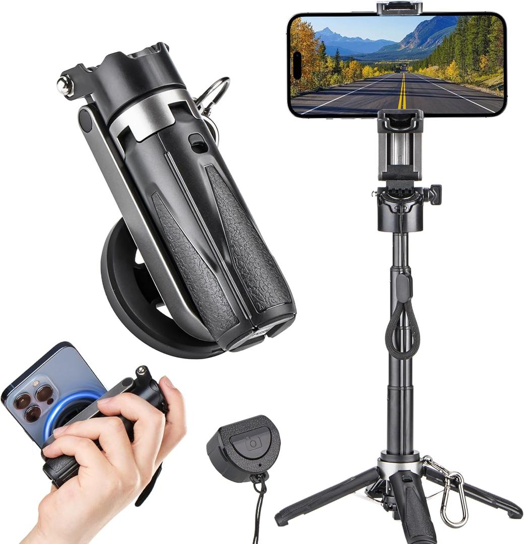MQOUNY for Magsafe Tripod Stand for iPhone, Portable Pocket Size Selfie Stick with Rechargeable Remote and Metal Ring, Extendable Detachable Cell Phone Tripod Compatible with iPhone/Android (Black)