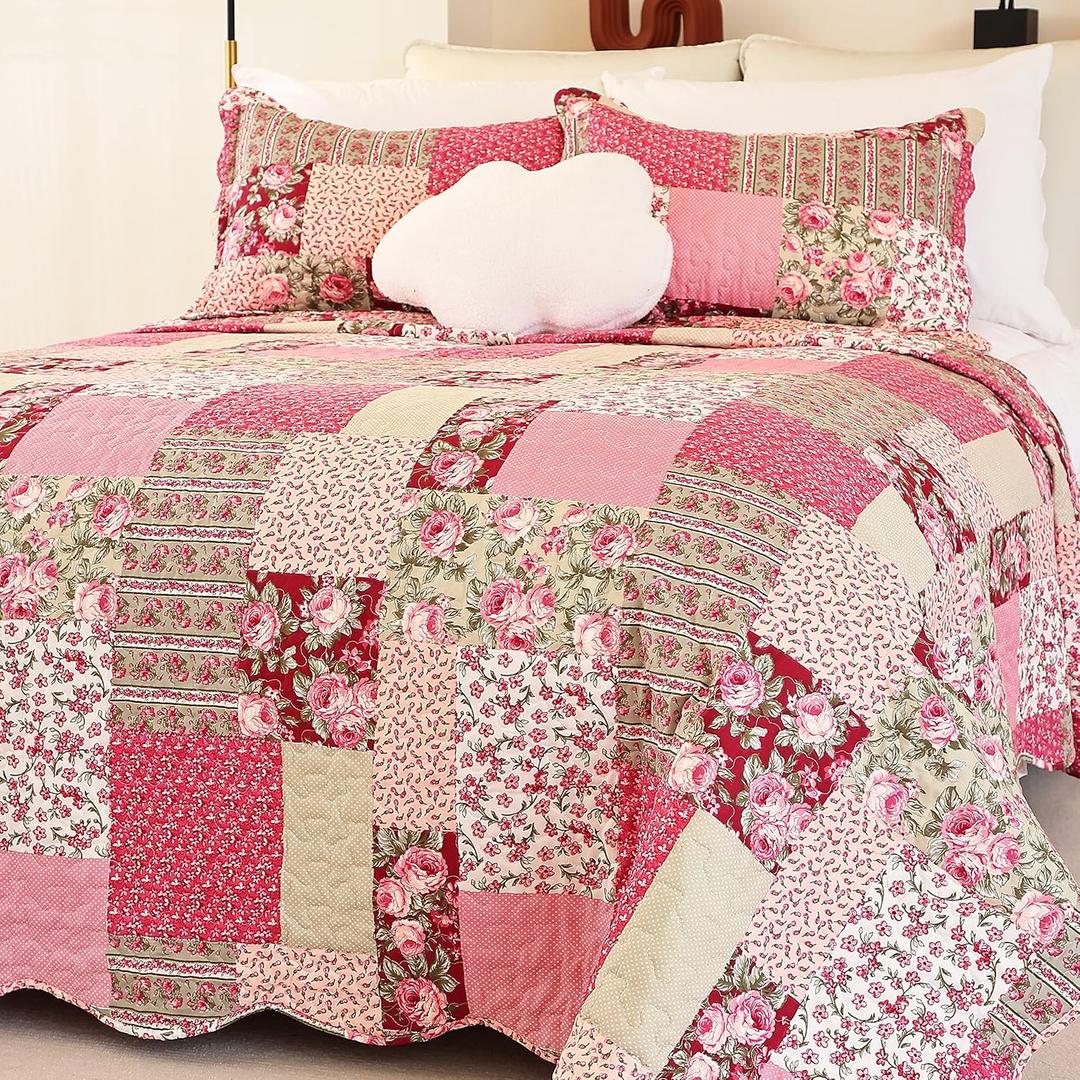 Cmfshape Summer Floral Queen Quilted Bedspread,Romantic Pink Quilt Set Full,Reversible Stitched Bedding Set All Season,Soft Lightweight Coverlet with Pillow Cases (Hot Pink&Rose, Queen90 x90)
