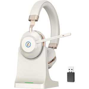 Wireless Headset with Mic for Work, Bluetooth Headphones with Mic Mute & USB Dongle, V5.2 Bluetooth Headset with Microphone Noise Canceling & Charging Base, 45Hrs for Meetings/Office/Call Center/Teams