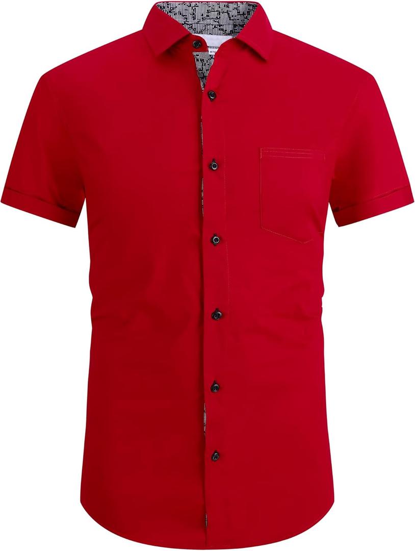 Esabel.C Mens Short Sleeve Dress Shirts 4-Way Stretch Regular Fit Stretch Wrinkle-Free Casual Button Down Shirts (Large, Red)