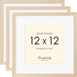 12x12 Picture Frame Made with Solid Wood Set of 3, Display 8x8 with Mat or 12x12 without Mat, Wall Gallery Frame Set with Tempered Real Glass, Tabletop or Wall Mounting Display (3 Pack of Oak)