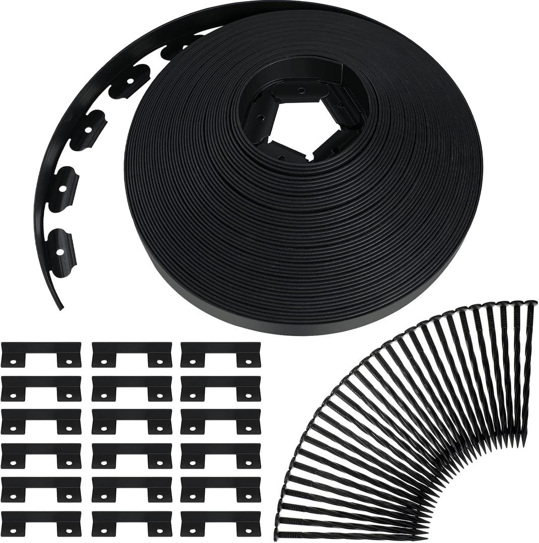 Queekay 148FT 2 Inch Tall Landscape Edging Kit with 70 Spikes 20 Connectors Plastic Garden Landscape Edge Border Flexible Landscaping Edging for Lawn Garden Yard Flower Bed(Black,2 Inch)