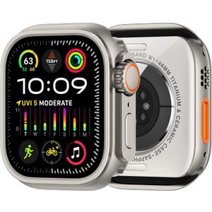 amBand Metal Case Compatible with Apple Watch Series 11 10 46mm, W1 Rugged Bumper Protector [Turn into Ultra Look], Hard Frame with Back Cover Stylish Accessories for iWatch Men, Natural Titanium