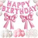 2 x Bow Birthday Decorations 2Pcs 26 Inch Giant Pink Bow Balloons with16 Inch Happy Birthday Foil Balloon Banner and 18Pcs Bow Pattern Balloons for Girl Women Coquette Party Decor Baby Shower