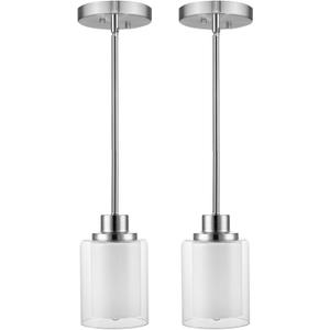 1-Light Mini Pendant Light Fixtures, 2-Pack Modern Hanging Ceiling Light, Adjustable Height, Brushed Nickel Pendant Lighting with Dual Glass for Kitchen Island Bedroom Hallway (White Frosted and Clear Glass)
