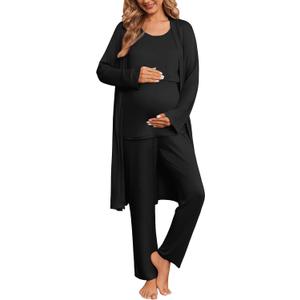 Ekouaer Nursing Pajamas Maternity Robe Set 3 Pieces Postpartum Maternity Pajama Set Pregnancy Breastfeeding Pj (Large, Black)