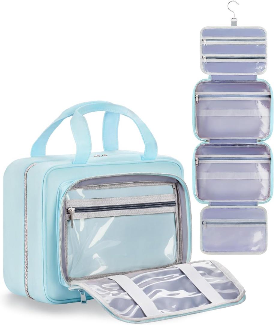 Travel Hanging Toiletry Bag for Women - Waterproof Cosmetic Organizer with Clear Window, Lightweight Bathroom Bags for Essentials, Makeup, Shampoo, Toiletries Blue, Large