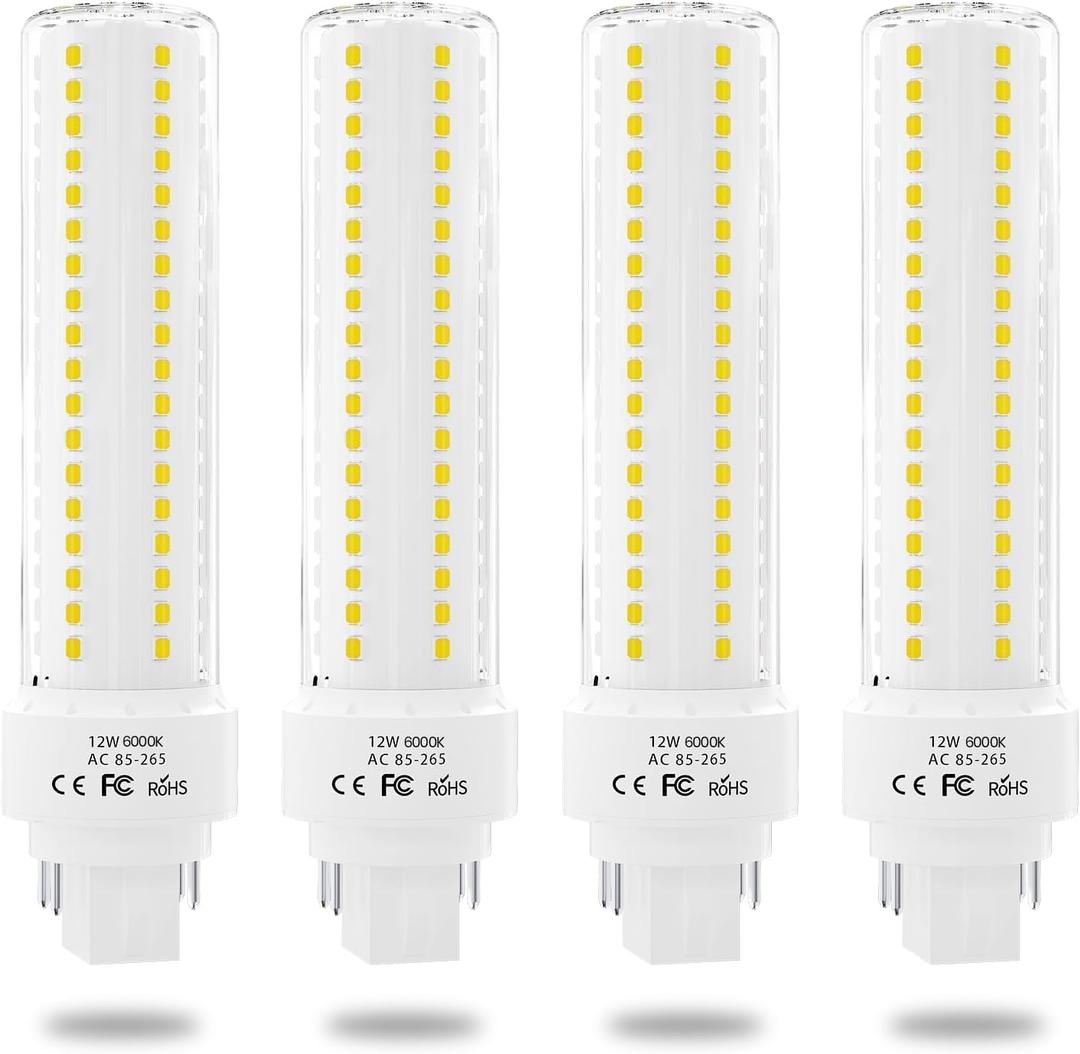 Gx24q/G24q 4-Pin Base Light Bulbs, 12W Gx24 LED PL Recessed Lights, Daylight 6000K 26W CFL Replacement for Ceiling Light Downlight Wall Sconce, 4-Pack (Remove/Bypass The Ballast)