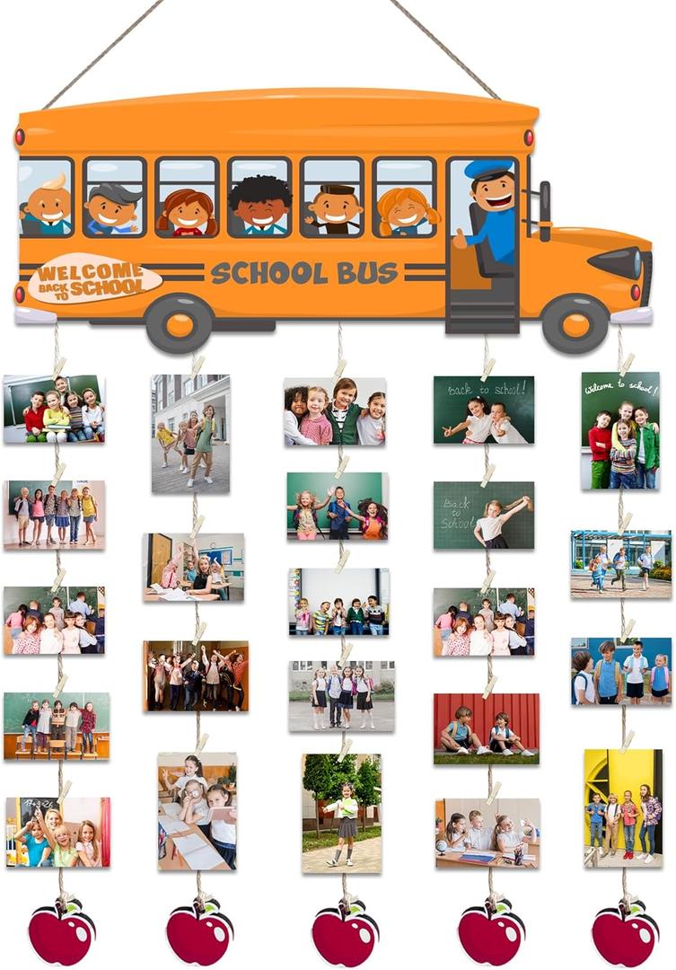 First Day of School Decoration - 13'' x 5'' School Bus Design - Welcome Wood Sign With 5 Hanging Apple - Display Picture Boards with 30 Clips - Back To School Hanging Plaque Decor For Classroom- A03