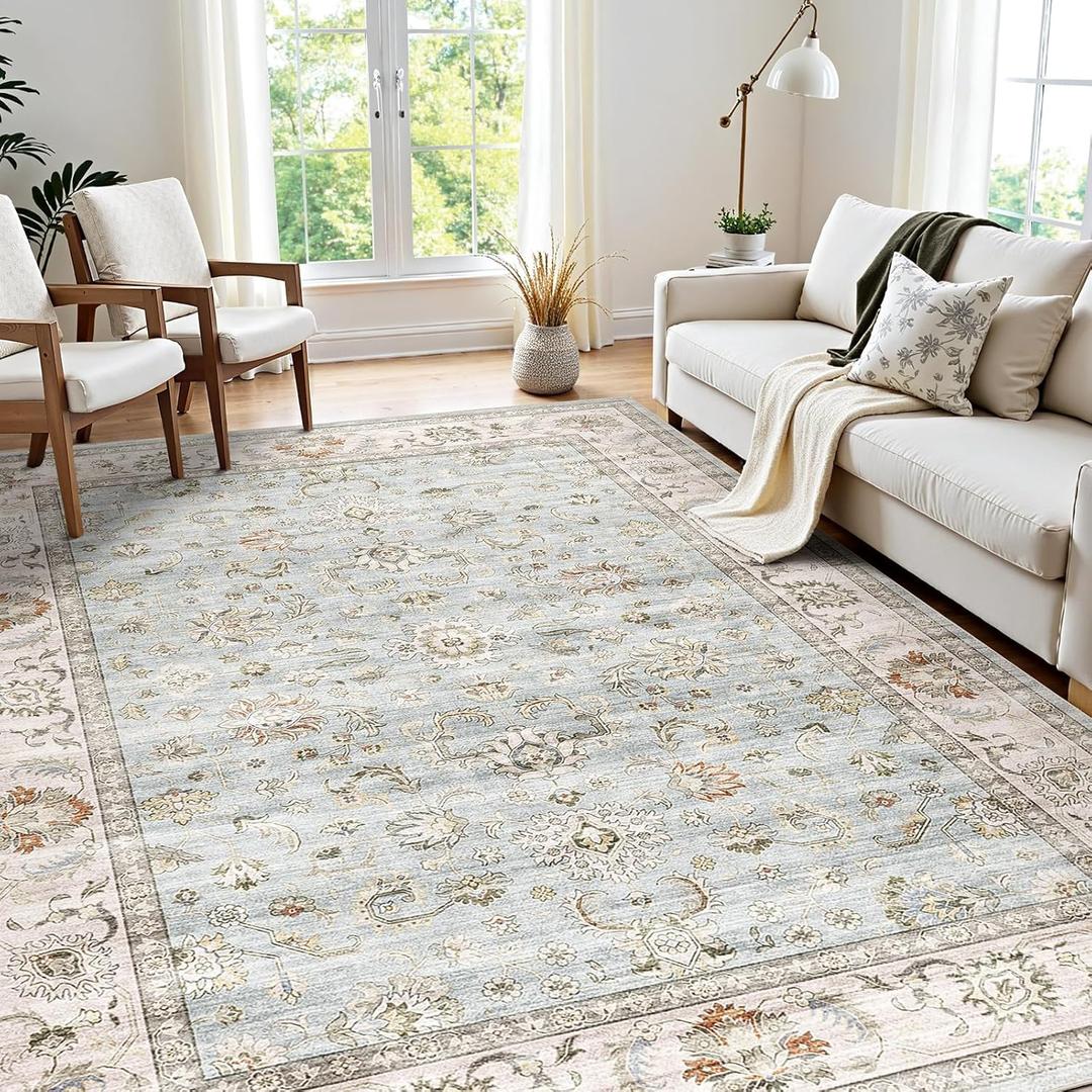 WITSHOCK 7x9 Area Rugs for Living Room: Machine Washable Non Slip Vintage Carpet - Low Pile Lightweight Print Rug for Bedroom Dining Room - Stain Resistant for Household - Pet Owners (Light Blue)