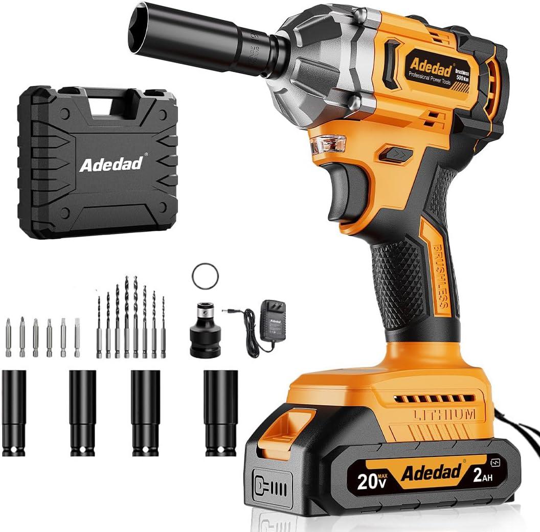 Brushless Impact Wrench 3-in-1 500N.m(369Ft-lbs) Torque Wrench 1/2 Drive with 2.0Ah Battery, 8 Drill Bits, 6 Screwdriver Bits, 4 Sockets, Cordless Impact Gun for automotive Repair and DIY