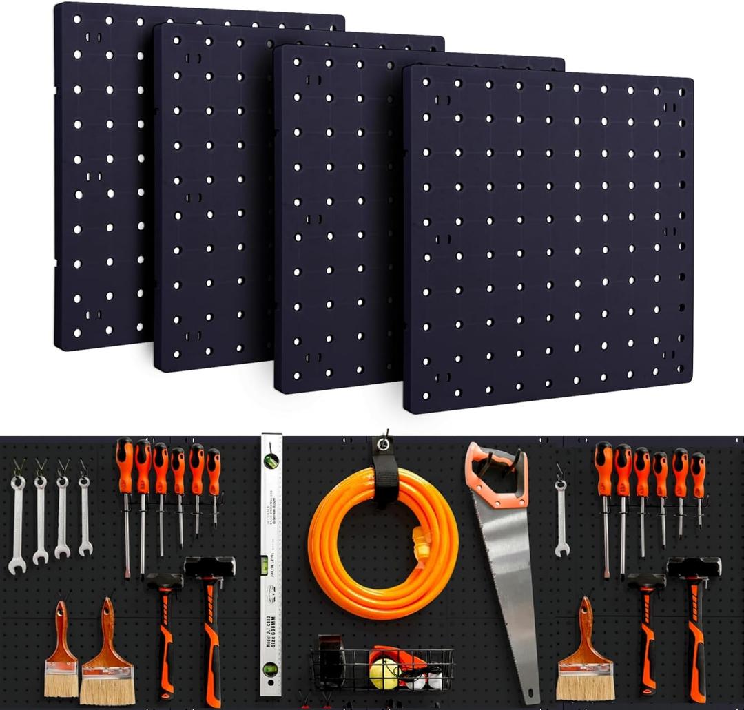 4Pcs Peg Board, Pegboard Wall Organizer Panels, Black Pegboard Wall Mount, ABS Pegboard for Craft Room Garage Kitchen Workshop, ABS Peg Boards Easy Installation (Black)