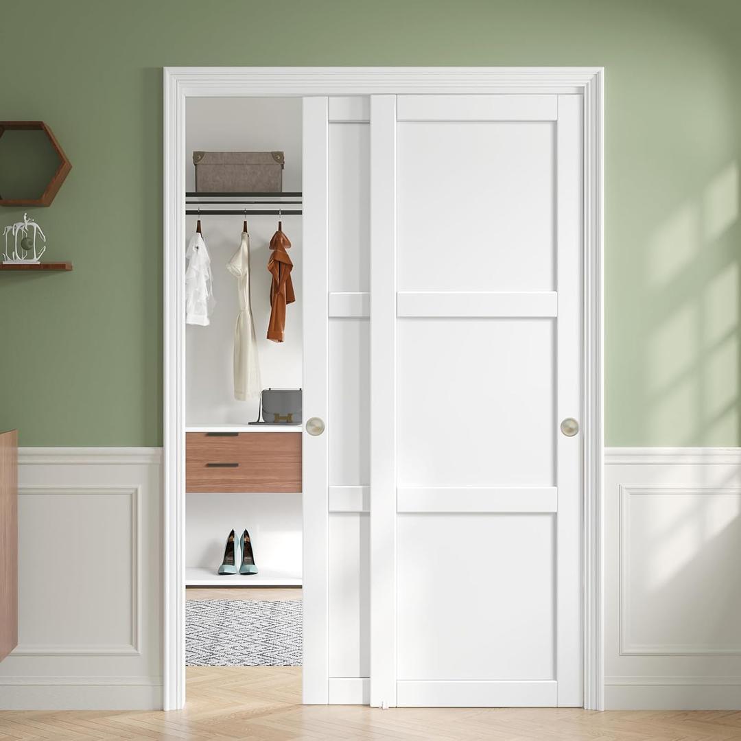 60"x80"(Double 31"x80") Sliding Closet Door,3 Panel Sliding Door with Hardware Kit for Bedroom,Preassembled Door Panels with Solid MDF Wood Slab & Water-Proof PVC Surface,Pocket Doors,White