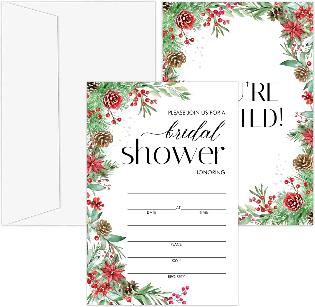 Bridal Shower Invitations, 25 Winter Wreath Invites with Envelopes for Bridal Shower Reception Engagement Party, Christmas Holiday Wedding Party Cards - C06