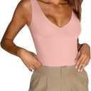 REORIA Butsmooth Womens Trendy Sexy Plunge Deep V Neck Sleeveless V Backless Going Out Tank Bodysuits Tops (Small, Pink)