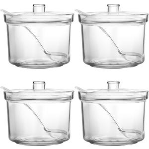 4 Pieces Sugar Bowl Plastic Clear Sugar Bowl with Lid and Salt Spoon Storage Jar with Airtight Lid for Salt, Tea, Spices, Herbs, Condiments（7.1oz）